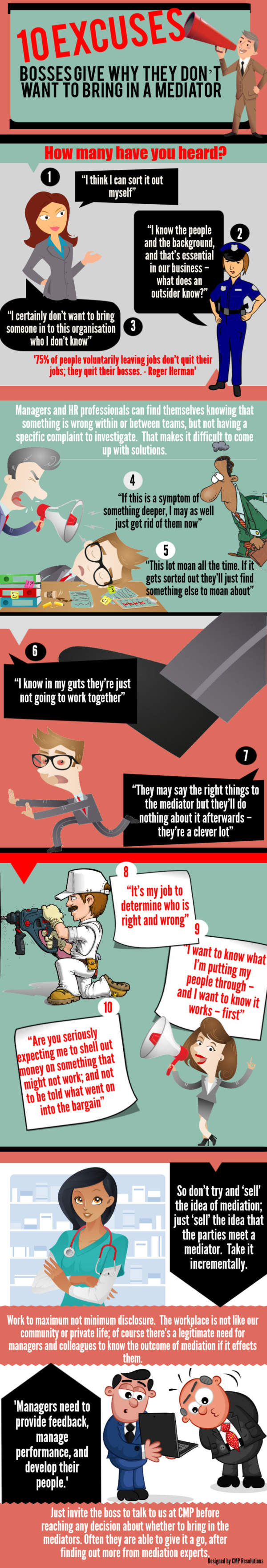 infographic detailing 10 reasons why bosses don't bring in mediators